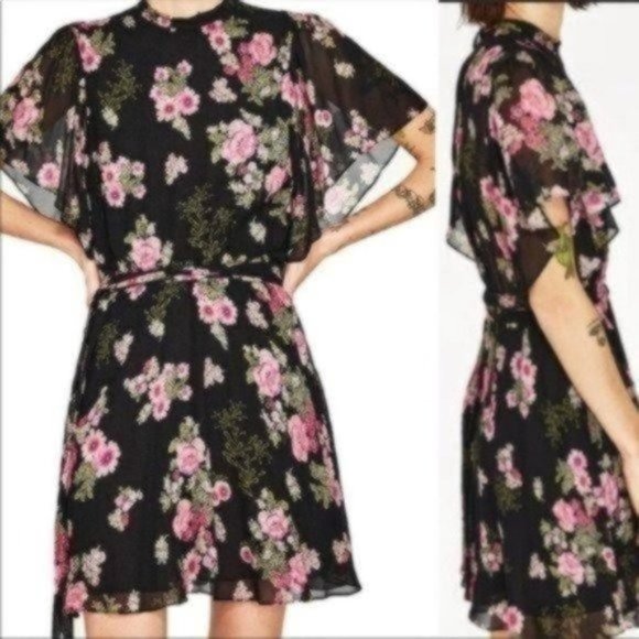 Zara Floral Ruffle Chiffon Mini Dress Small - Picture 6 of 10